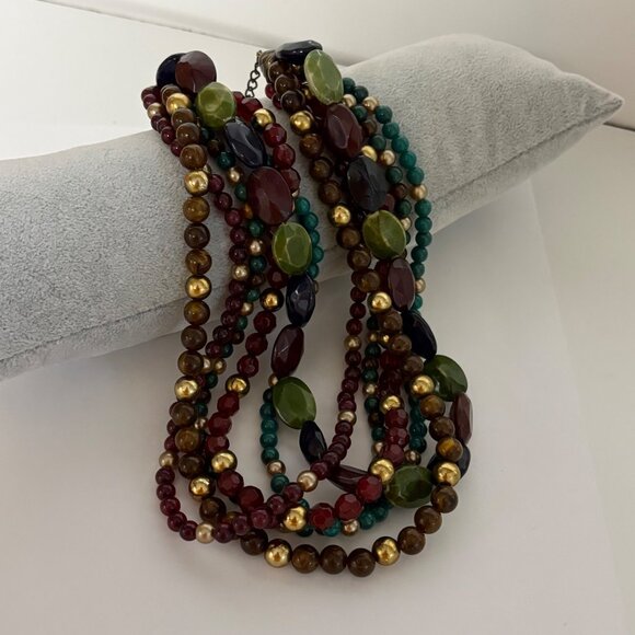Jewel Tone Multi Strand Beaded Necklace Maroon Green Gold Tone Boho Statement - Picture 2 of 7